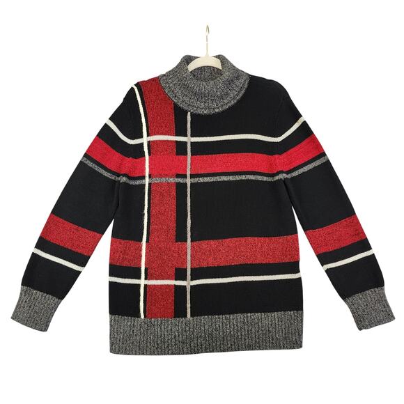Liz Claiborne Womens Vintage Knit Turtleneck Sweater Size Medium Red Black Plaid - Picture 1 of 11